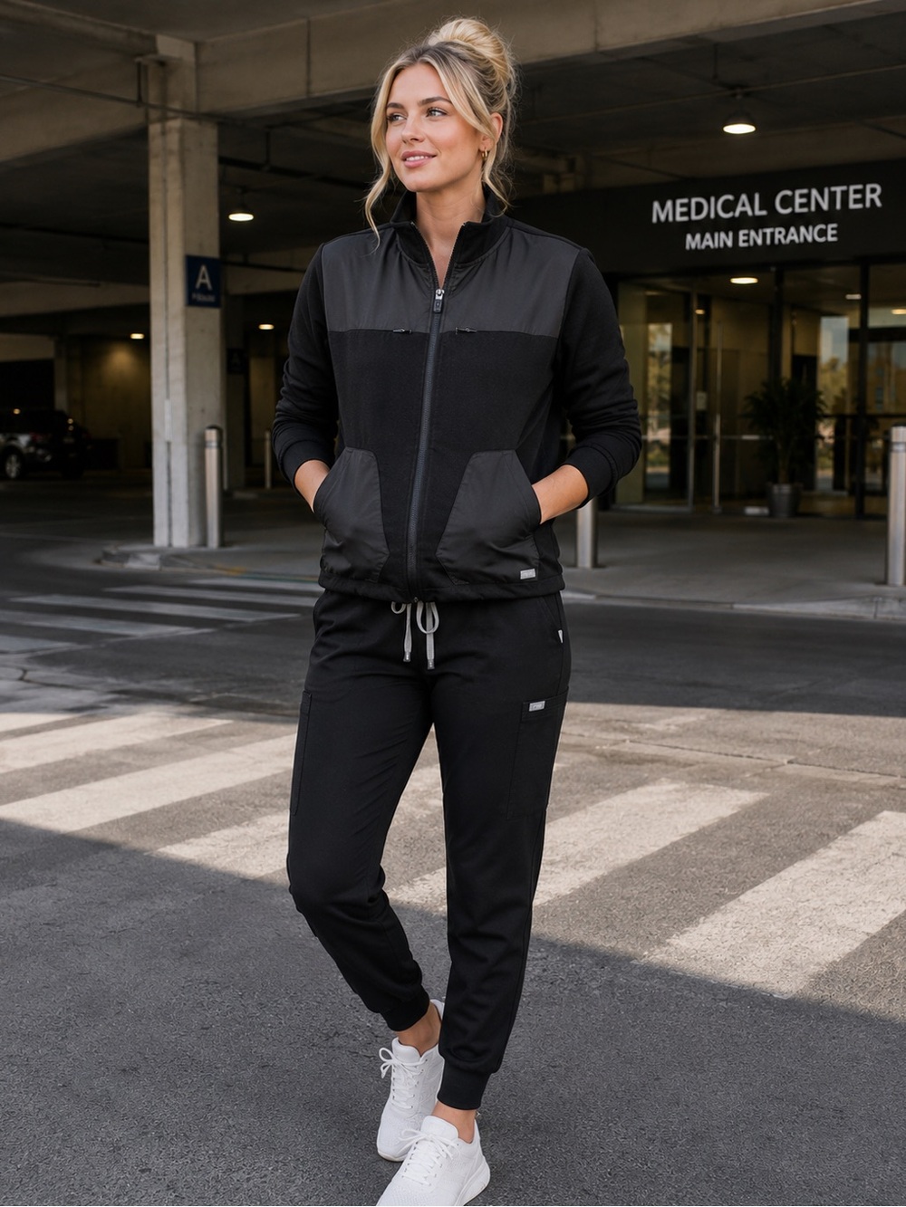 FIGS Morven Insulated Color Block Jacket Black/Dark Charcoal Size Large